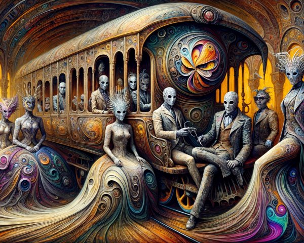Surreal Train Scene with Masked Figures in Gowns