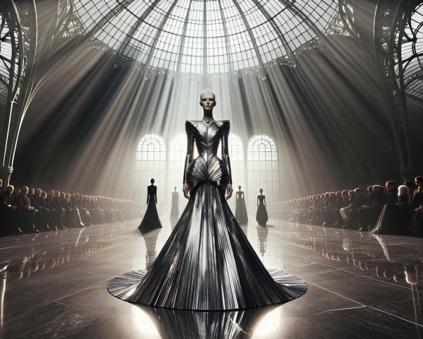 Futuristic Metallic Gown Displayed in Sunlit Hall