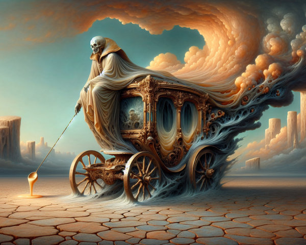 Ghostly Carriage and Spectral Coachman in Surreal Landscape