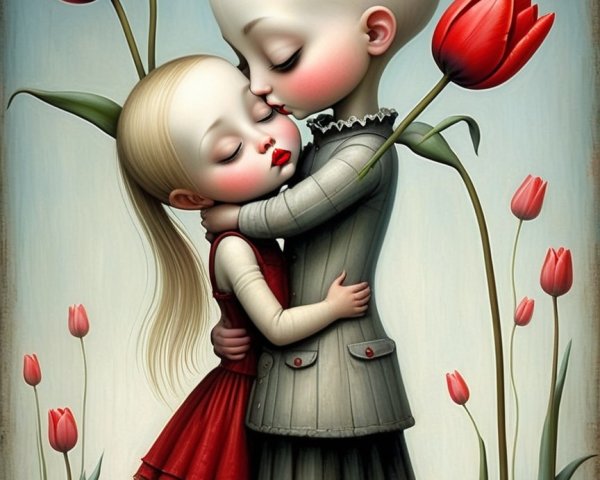 Whimsical Illustration of Embrace Amid Tulips