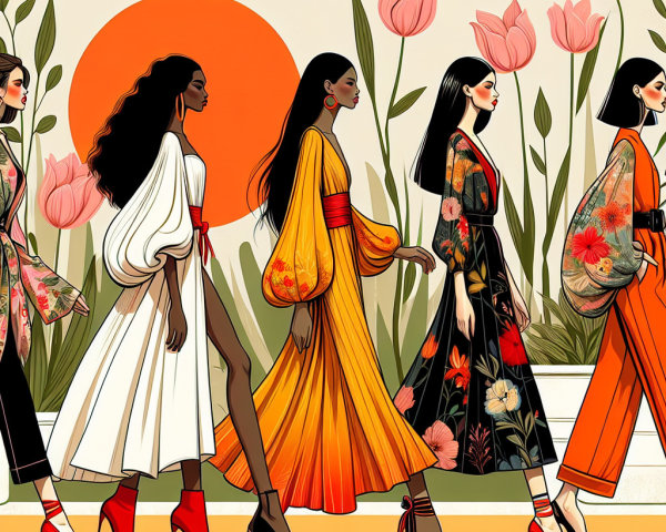 Fashionable Women in Colorful Outfits with Tulips