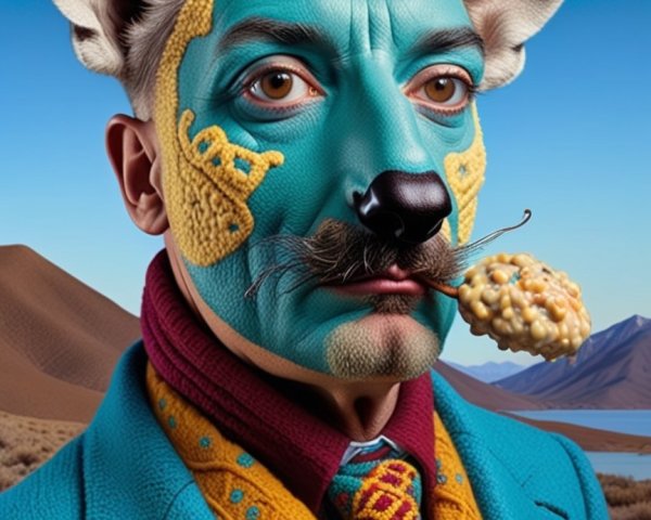 Surreal Portrait of a Man with Turquoise Face and Patterns
