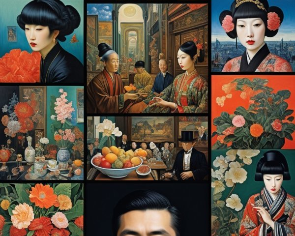 Vibrant Collage of Traditional Japanese Scenes and Portraits