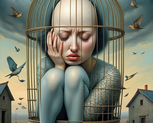 Melancholic Figure in Birdcage with Flying Birds