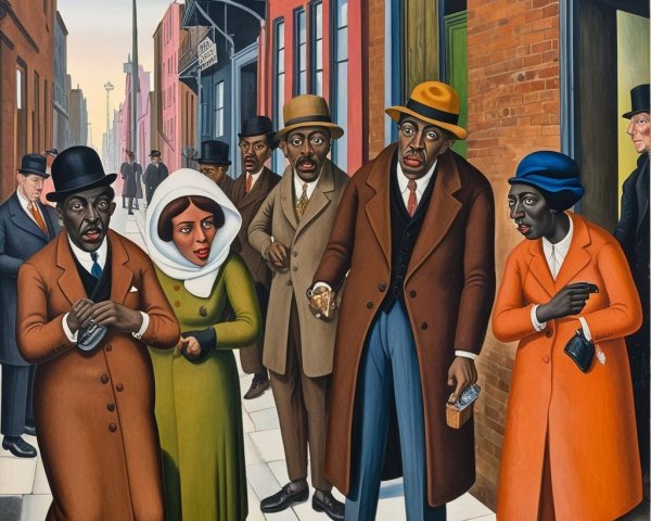 Vibrant Urban Scene with Elegantly Dressed Figures