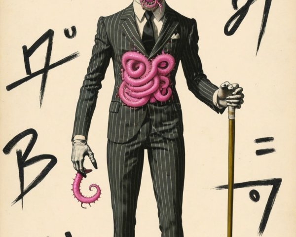 Surreal Figure in Pinstripe Suit with Skull Head