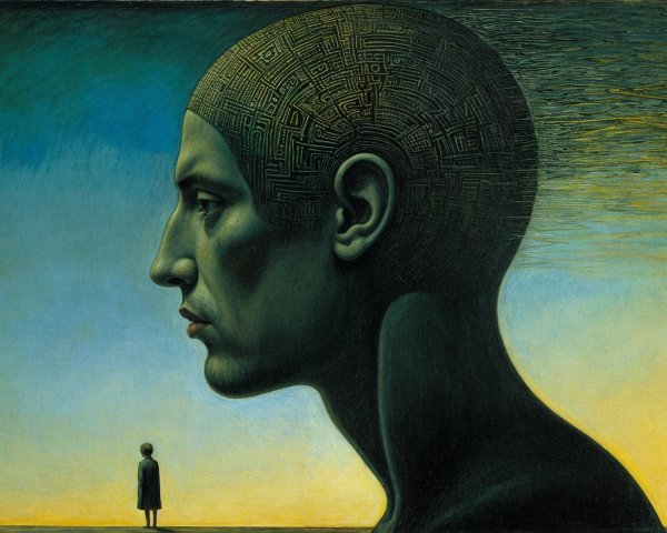 Large Textured Head Against Gradient Sky with Figure