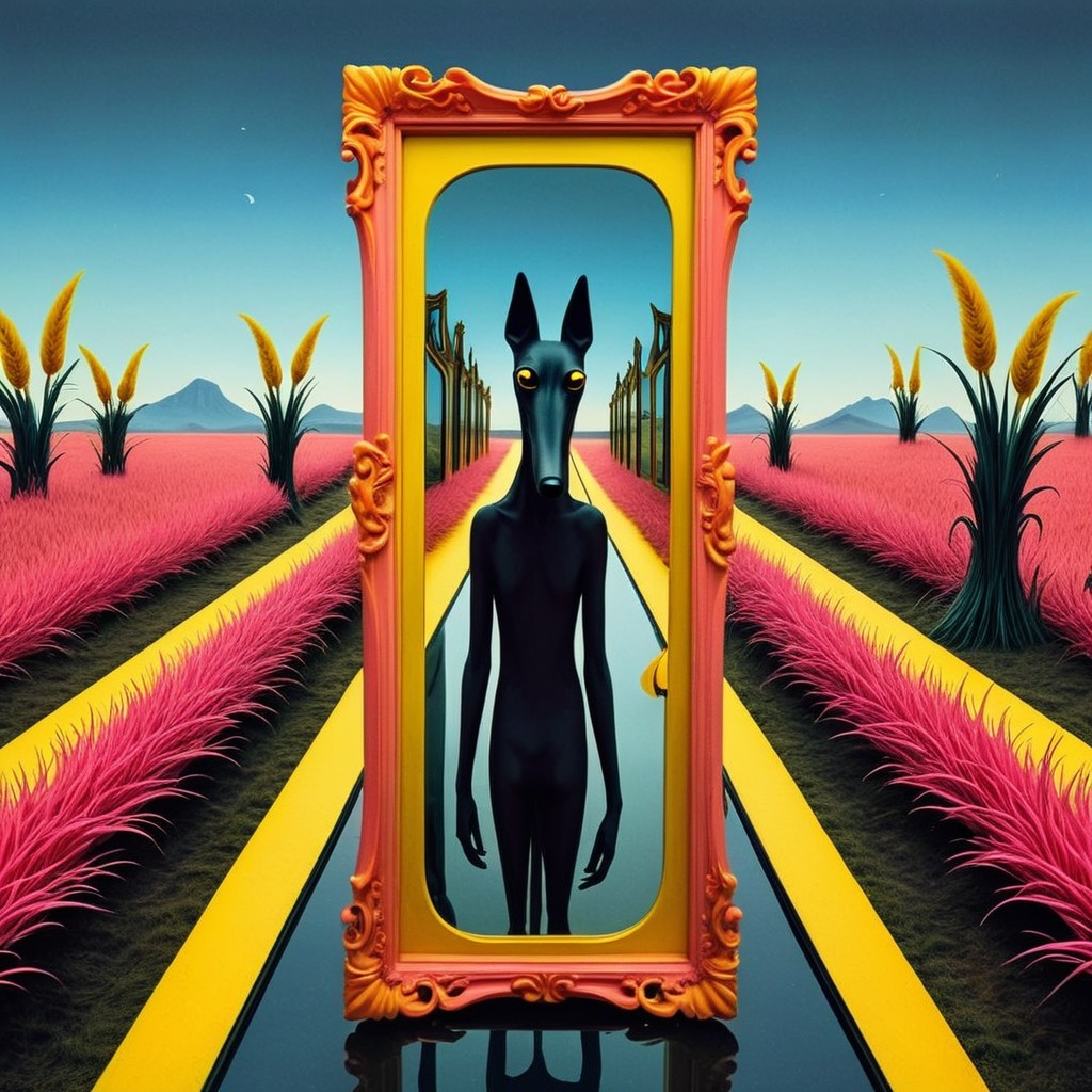 Surreal Landscape with Canine Figure and Mirror