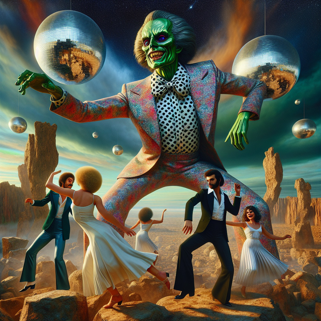 Surreal Disco Landscape with Vibrant Figures and Colors