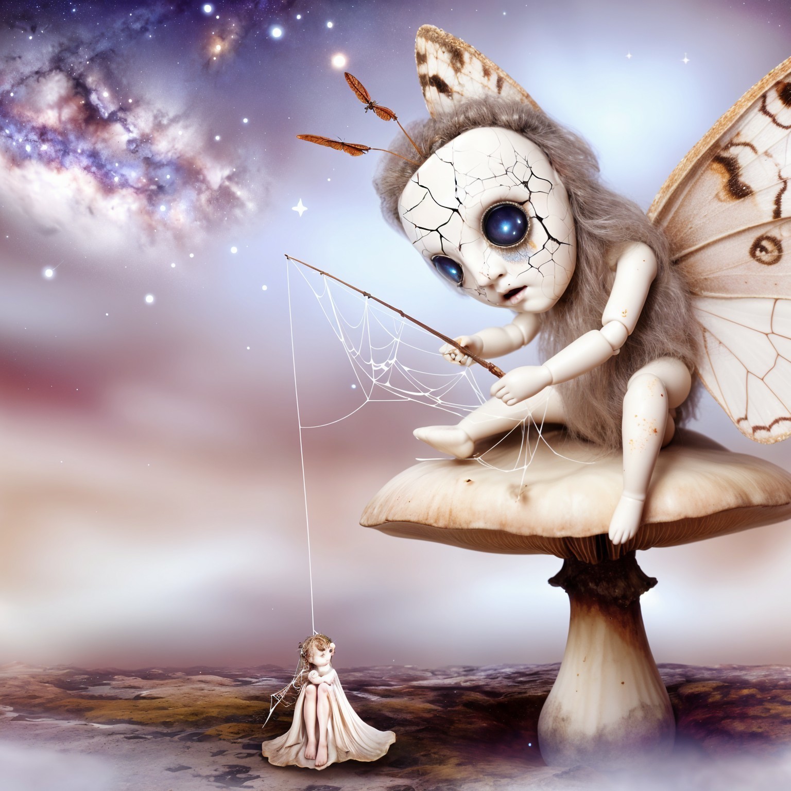 Dreamy Landscape with Eerie Doll and Ethereal Figure