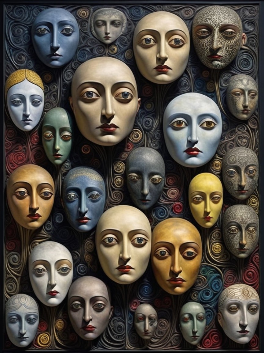 Collage of Stylized Faces with Abstract Background