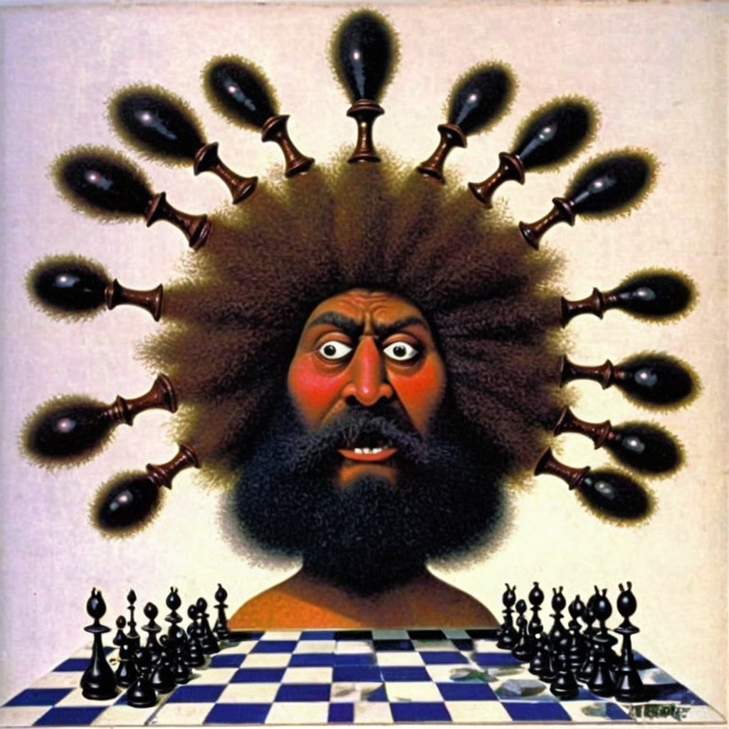 Surreal Illustration of a Man with Chess Crown Hairstyle