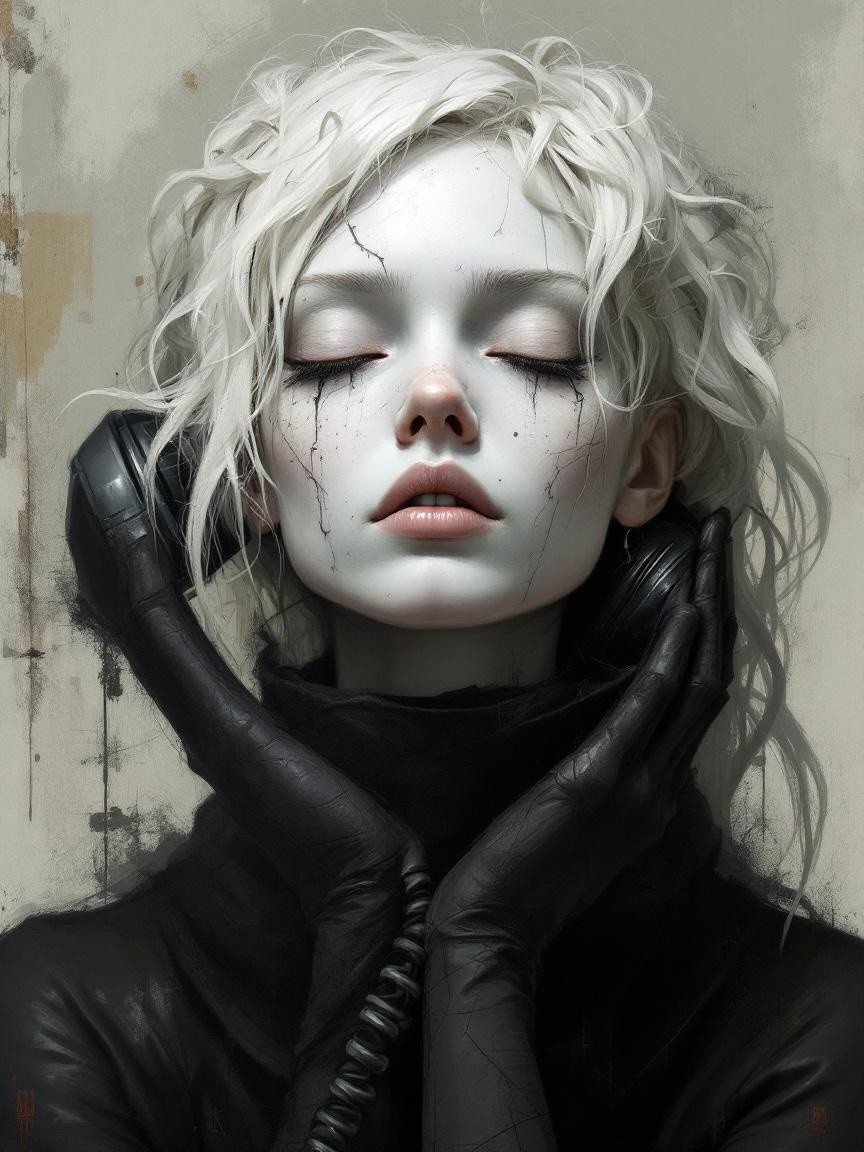 Portrait of a pale figure with curly white hair and headphones