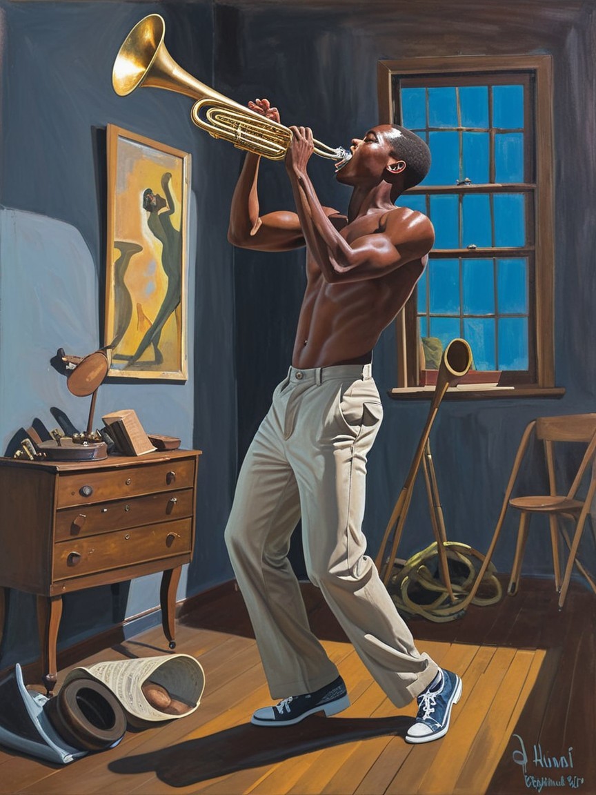 Muscular Man Playing Trumpet in Vintage Decor