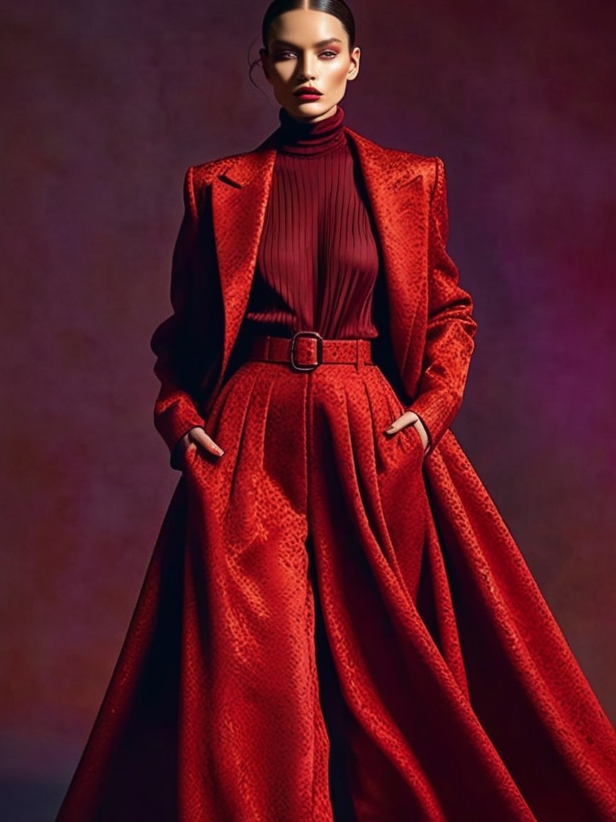Red Tailored Coat and Wide-Leg Trousers Fashion Statement
