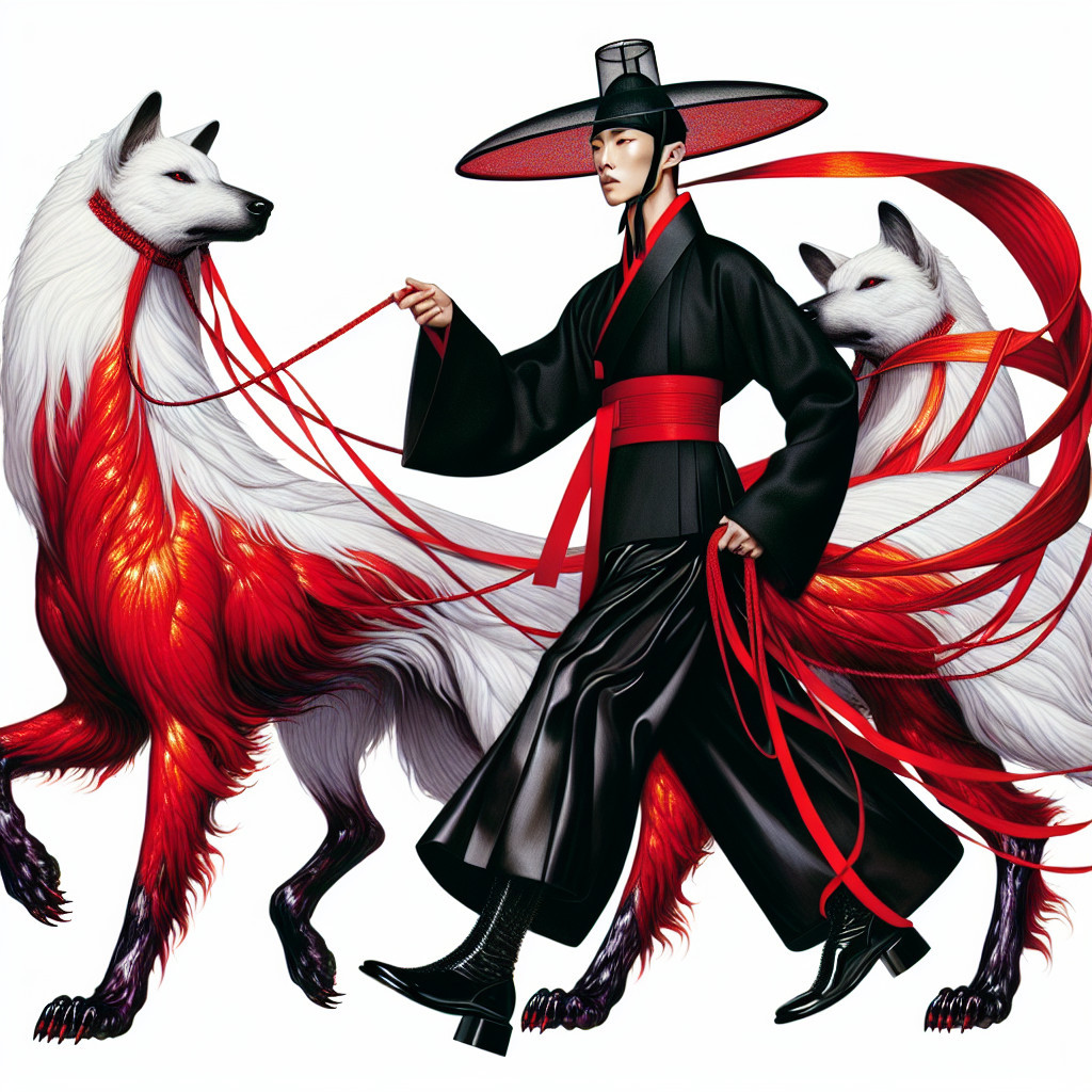Mysterious Figure in Traditional Attire with Wolves