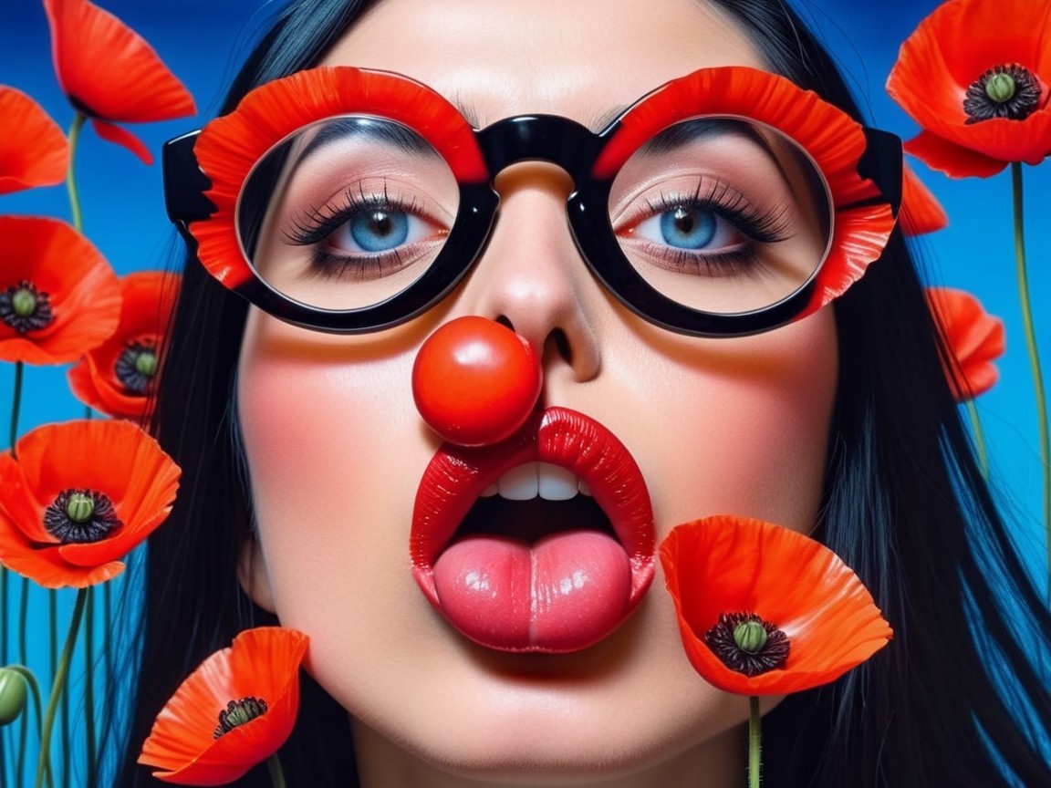 Whimsical Portrait of Woman with Red Poppies and Glasses