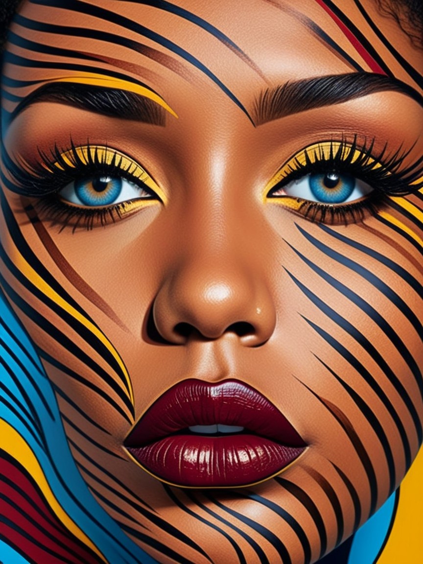 Portrait of a woman with blue eyes and bold makeup