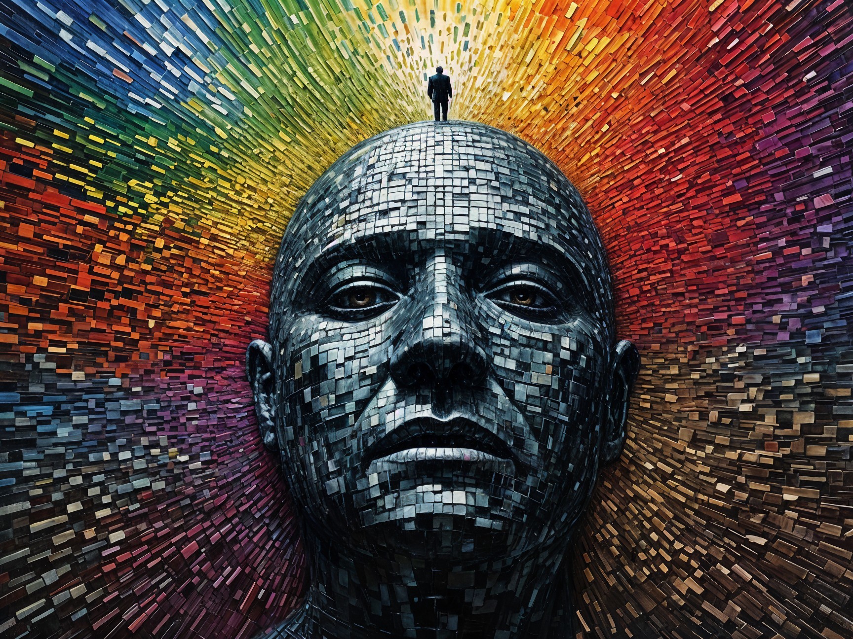 Intricately Sculpted Head with Colorful Background