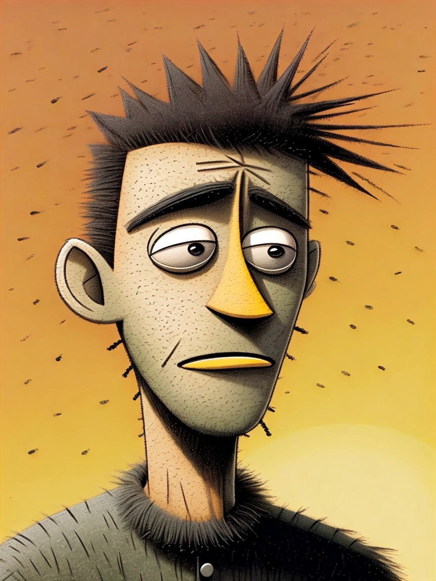 Stylized Character with Elongated Face and Warm Background