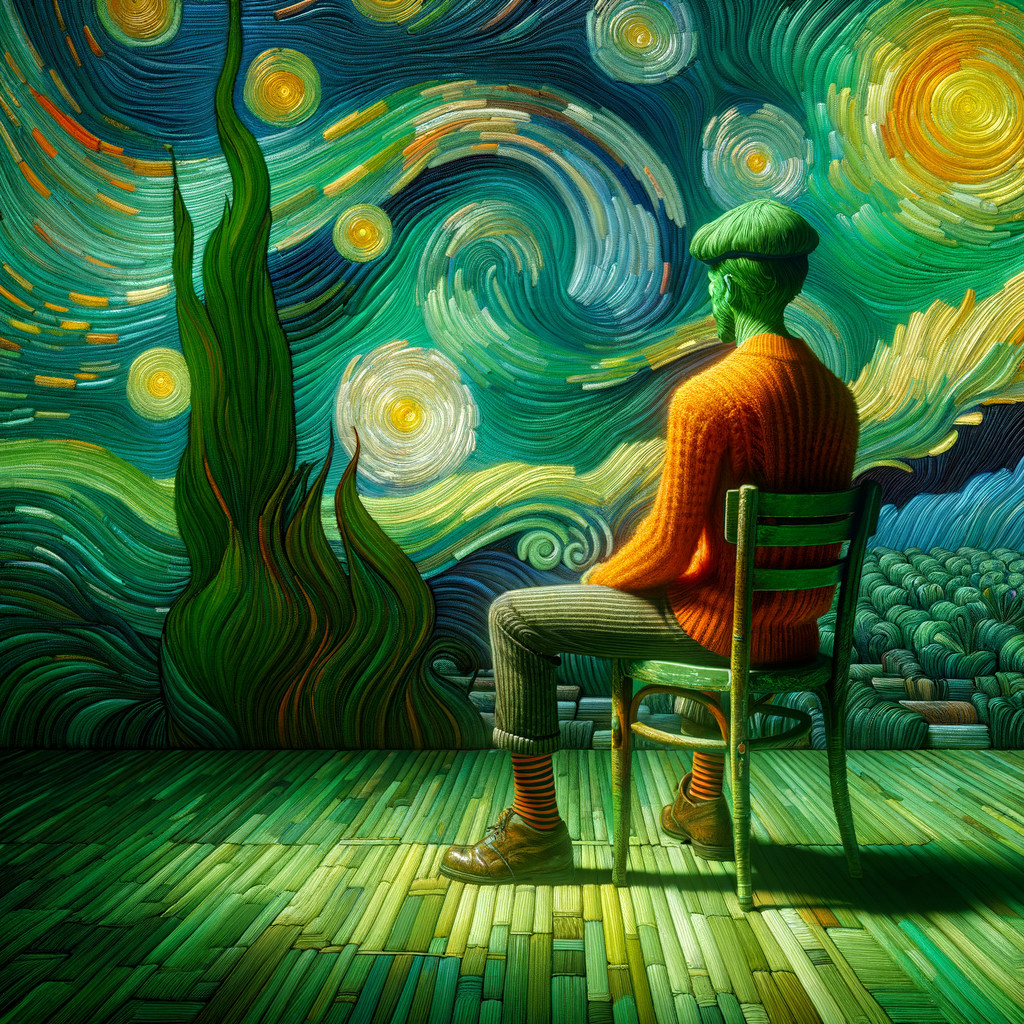 Green-skinned figure on chair in swirling landscape
