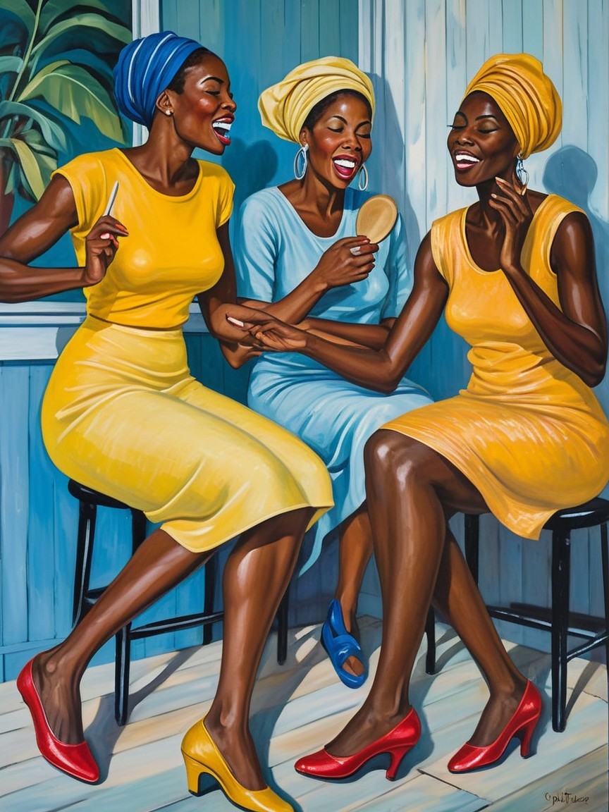 Vibrant Artwork of Three Joyful Women in Conversation