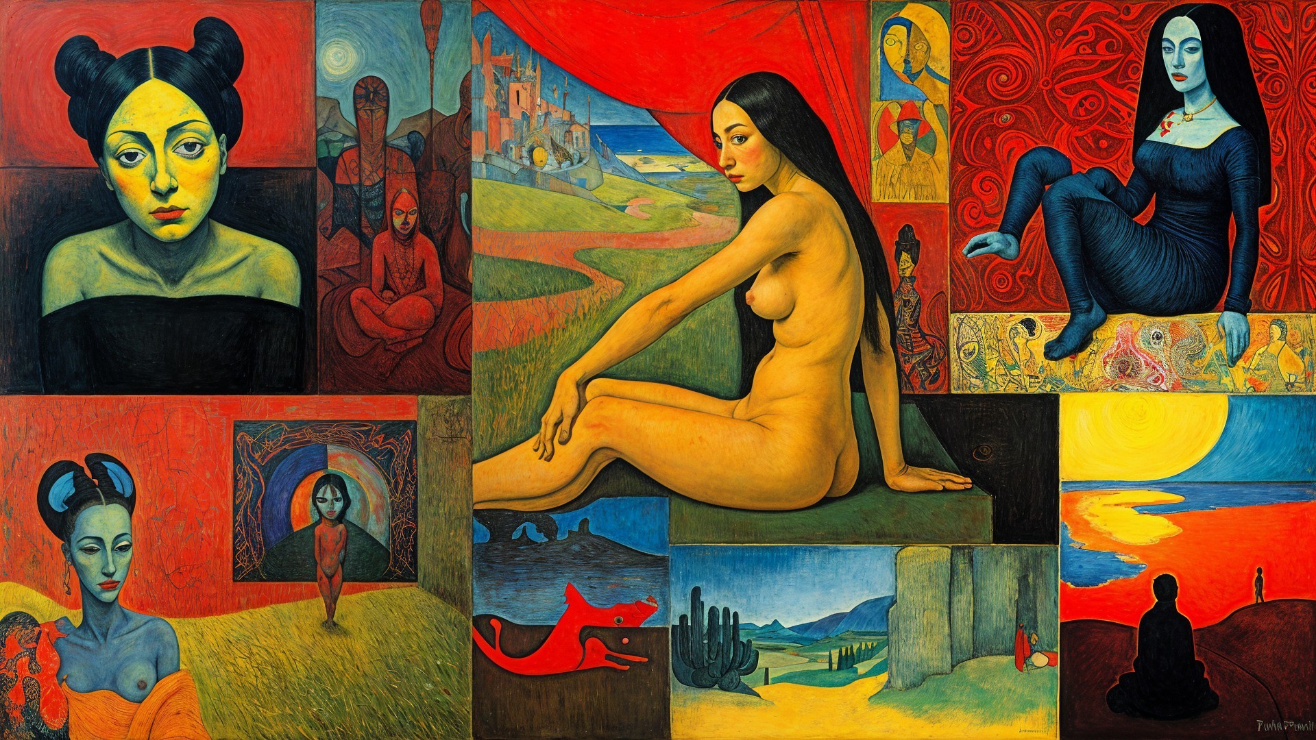 Vibrant Collage of Figures and Landscapes with Emotion