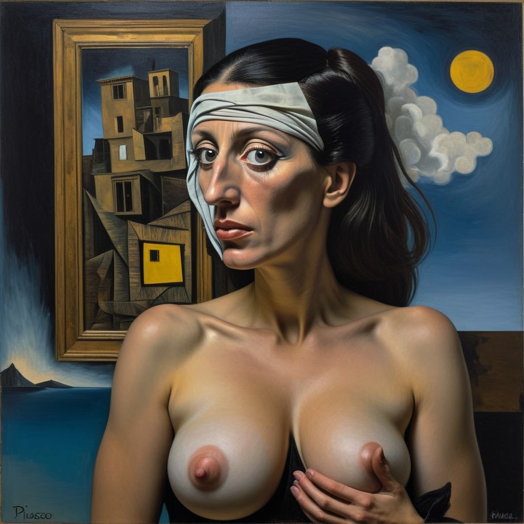 Woman in Bandage Against Surreal Abstract Background