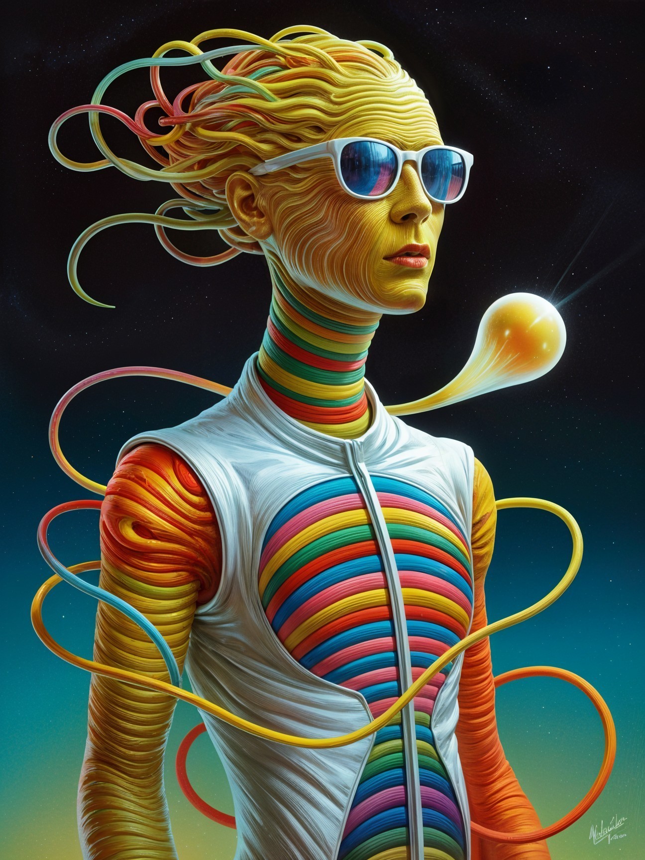 Futuristic Humanoid with Colorful Patterns in Cosmic Scene
