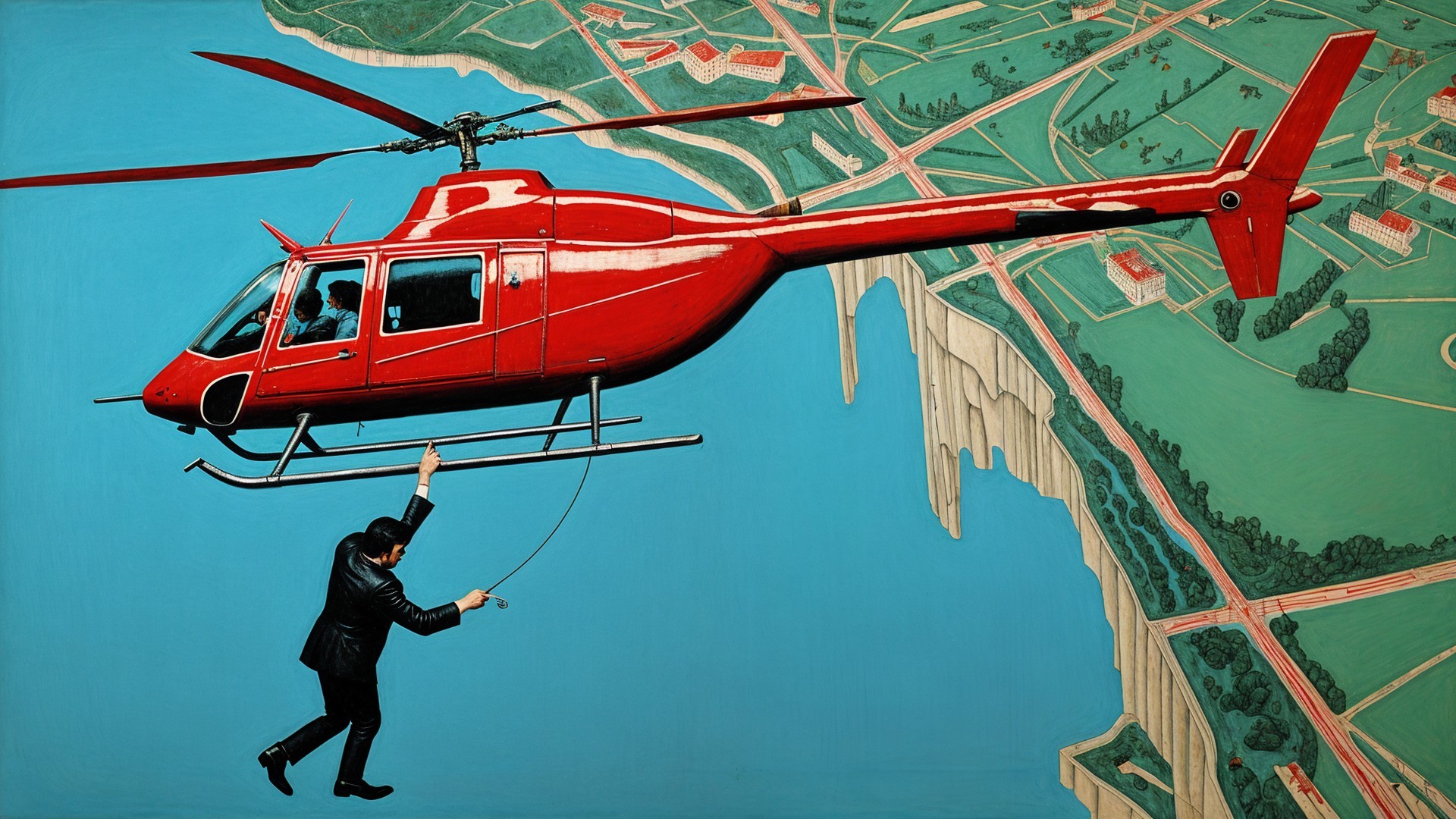 Red Helicopter Hovering Over Scenic Landscape with Man