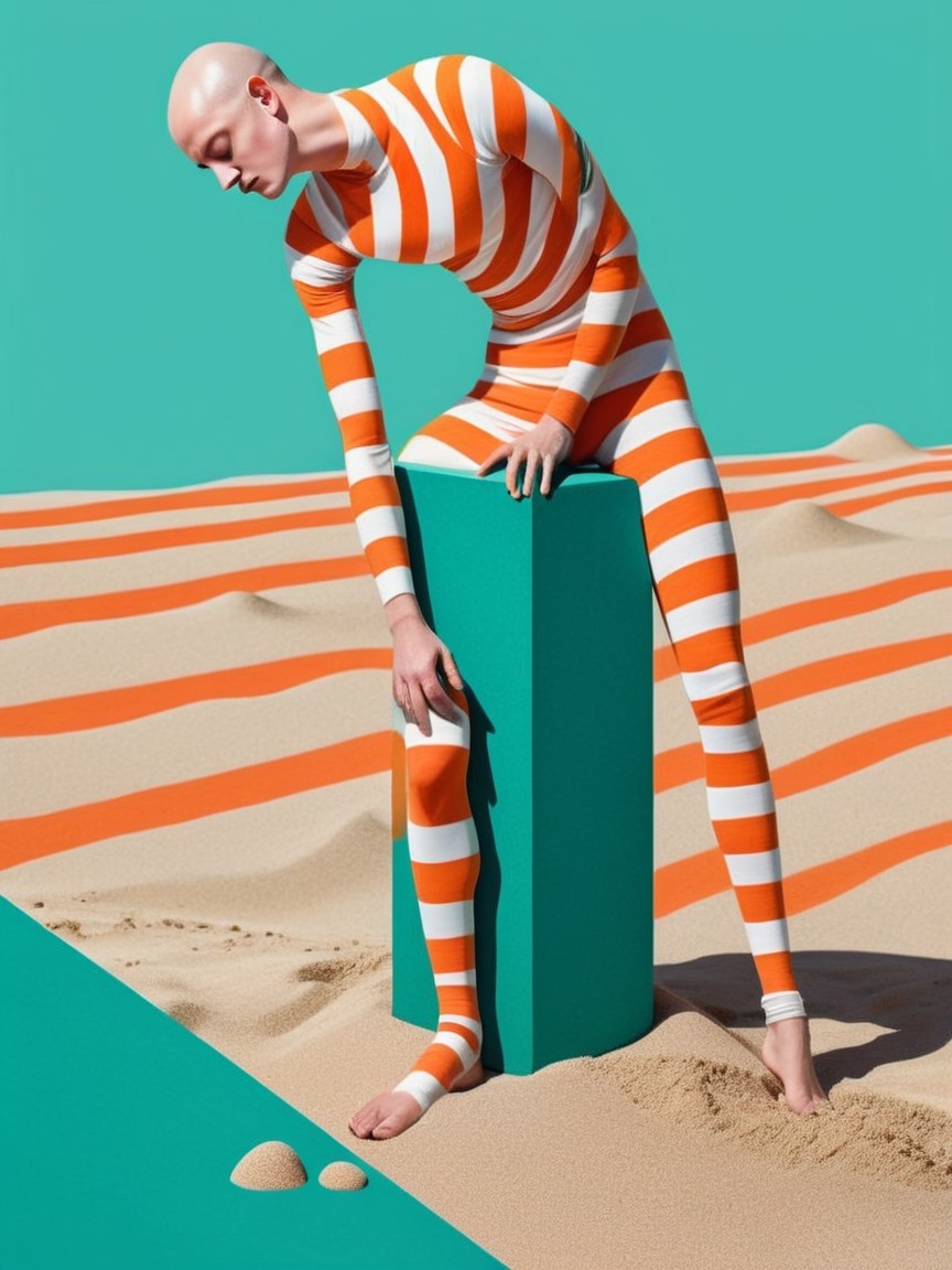 Slender Figure in Striped Bodysuit on Teal Pedestal