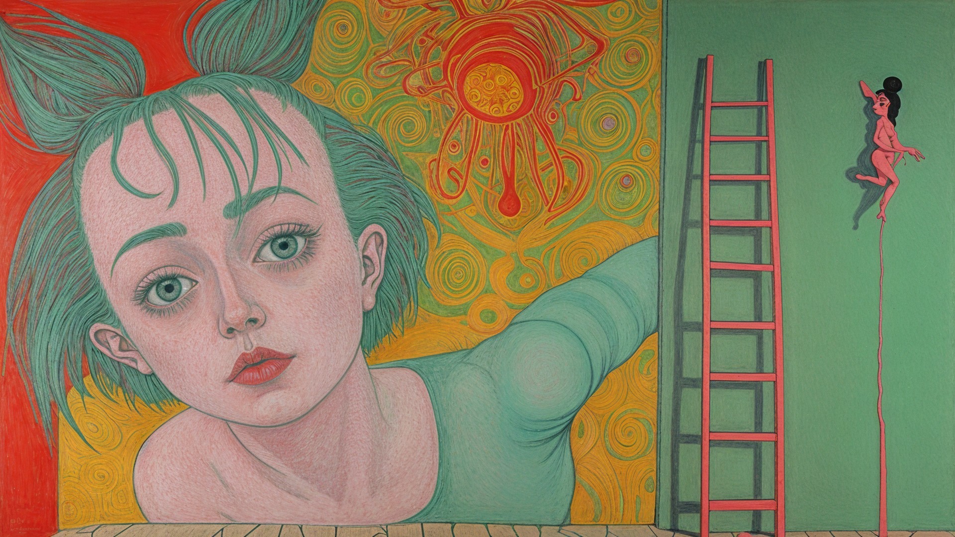 Large expressive face with green hair and vibrant background