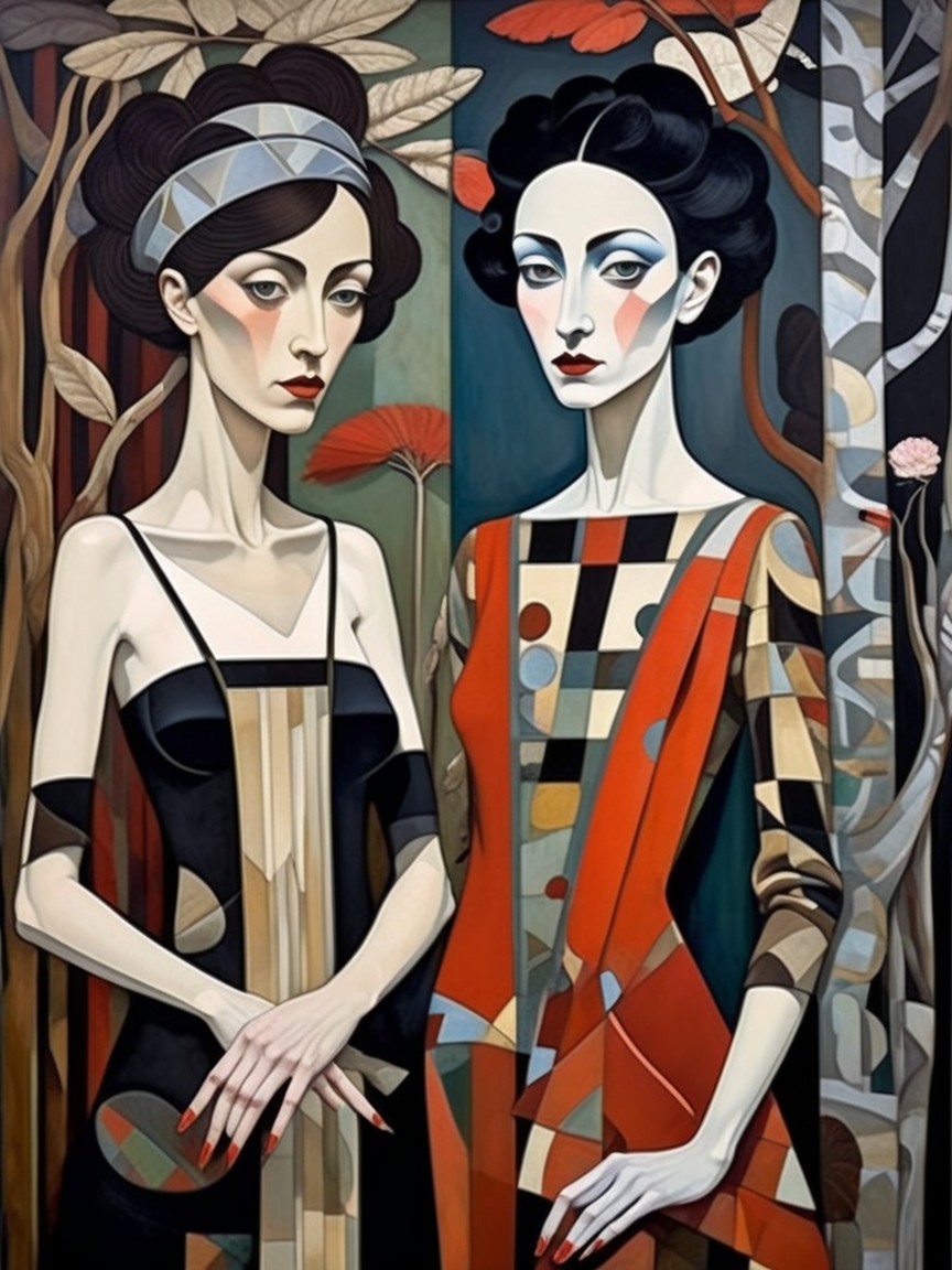 Elegant Women in Modern Surreal Artwork with Bold Colors