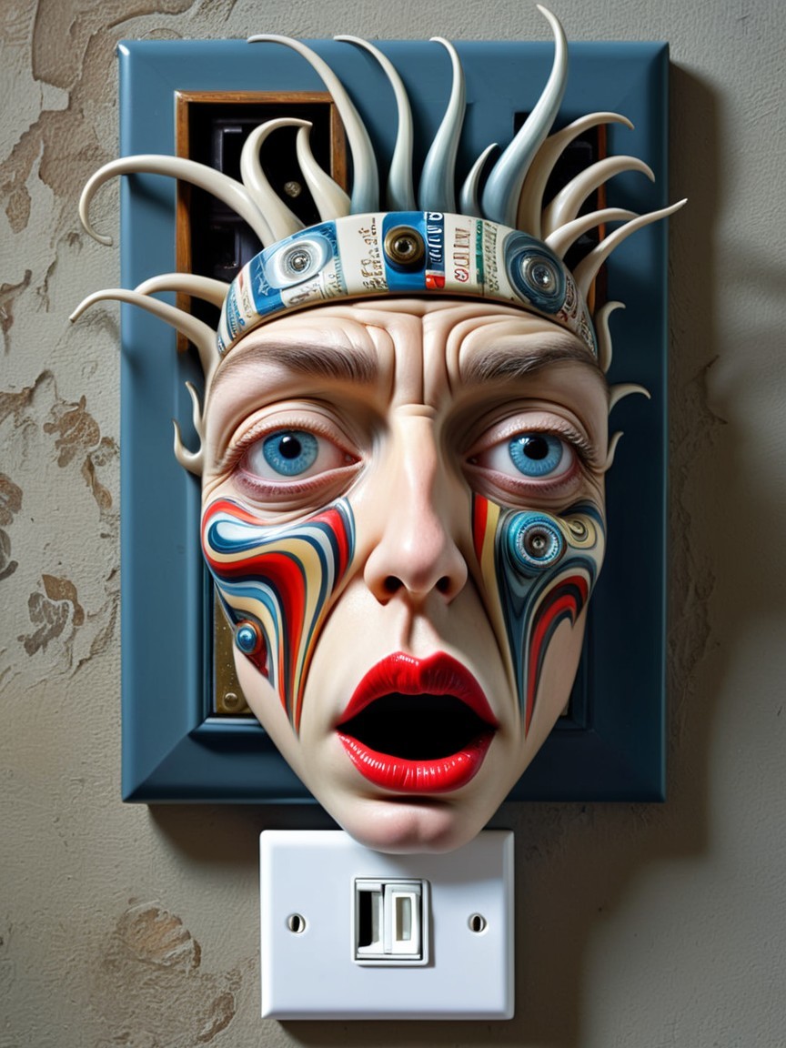 Surreal sculpture of a human face with vibrant patterns