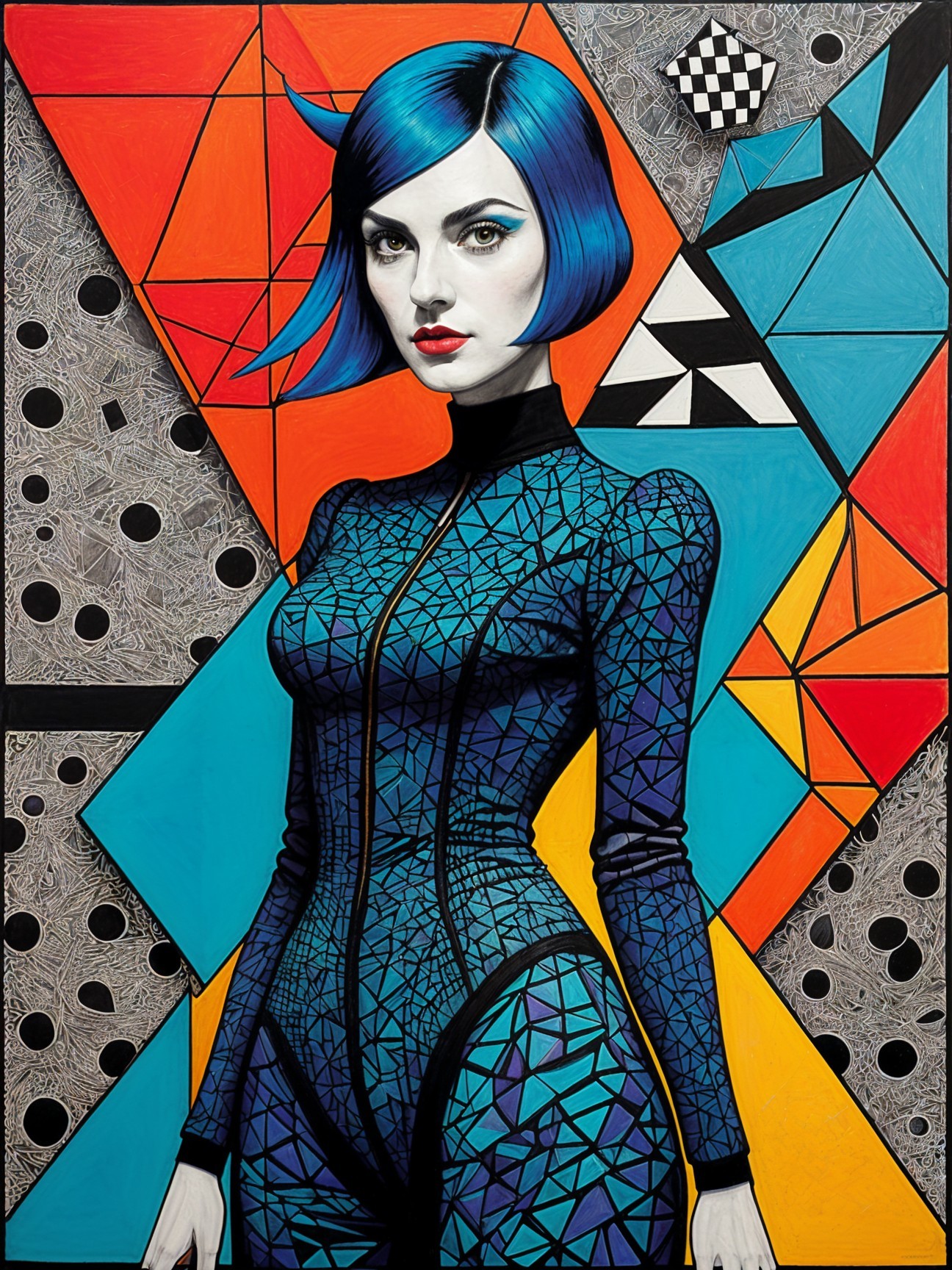 Stylized Woman with Blue Hair in Abstract Background