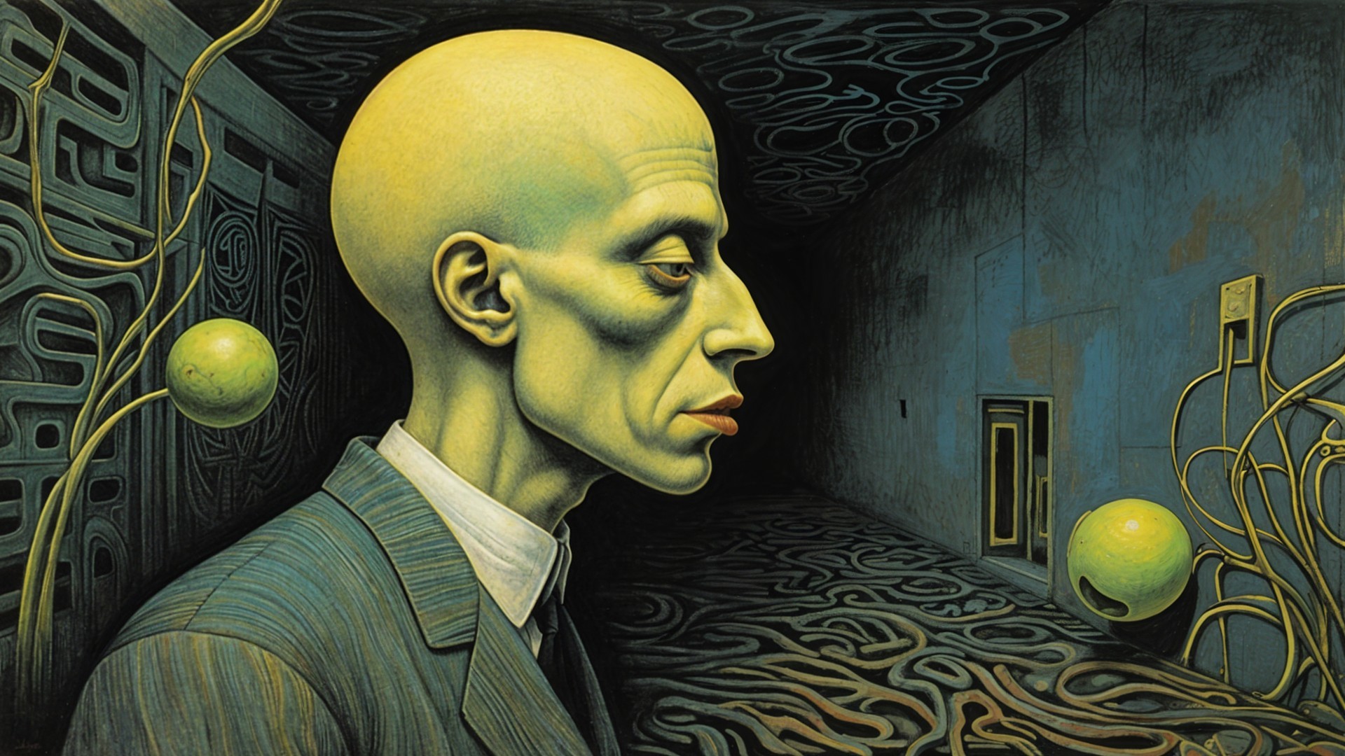 Surreal Scene of Bald Man in Suit with Abstract Background