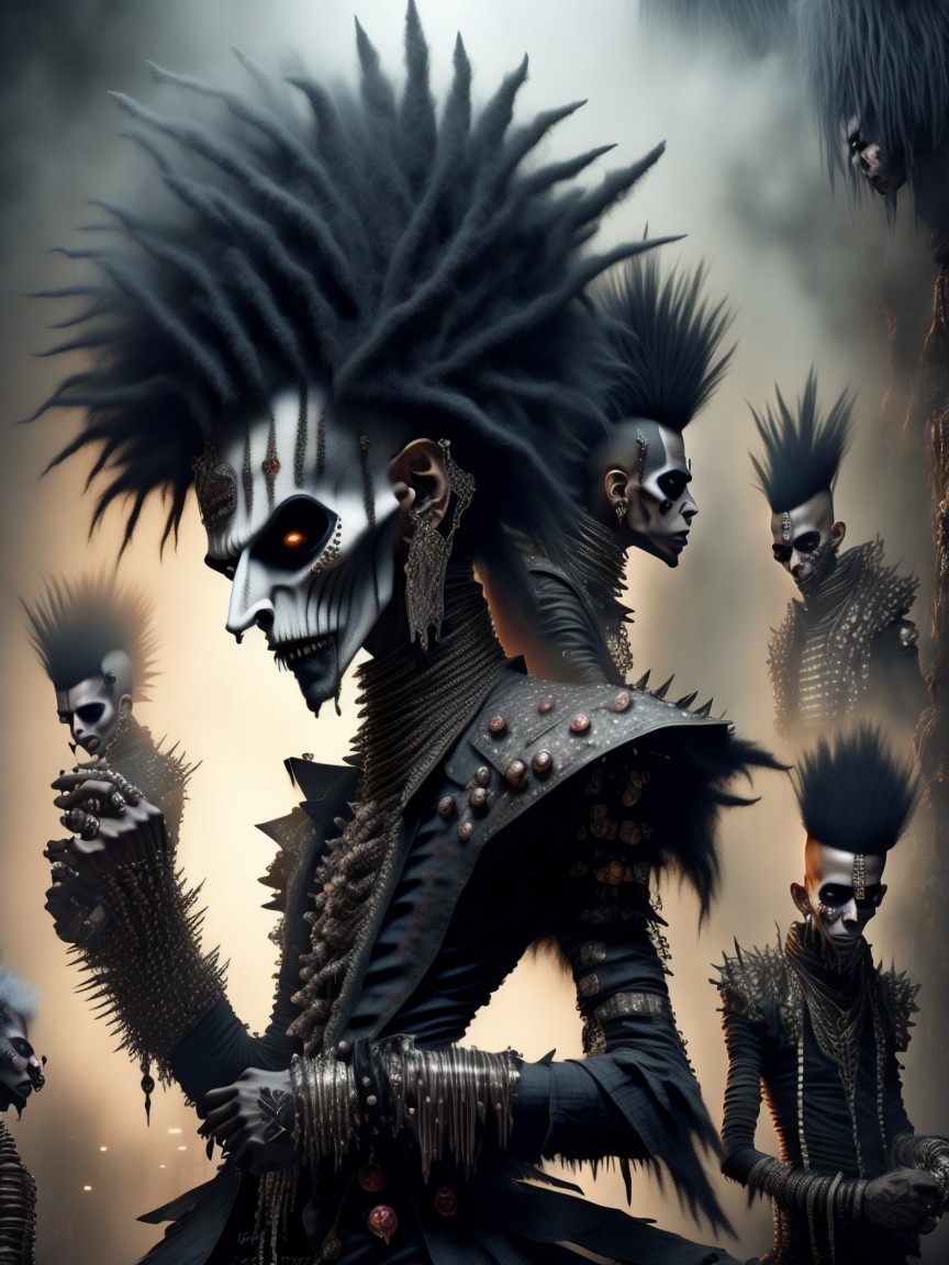 Futuristic figures with skull face paint in misty setting