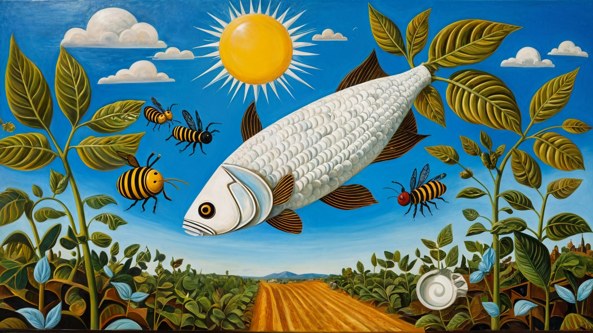 Whimsical Painting of Fish in Bright Sky and Landscape