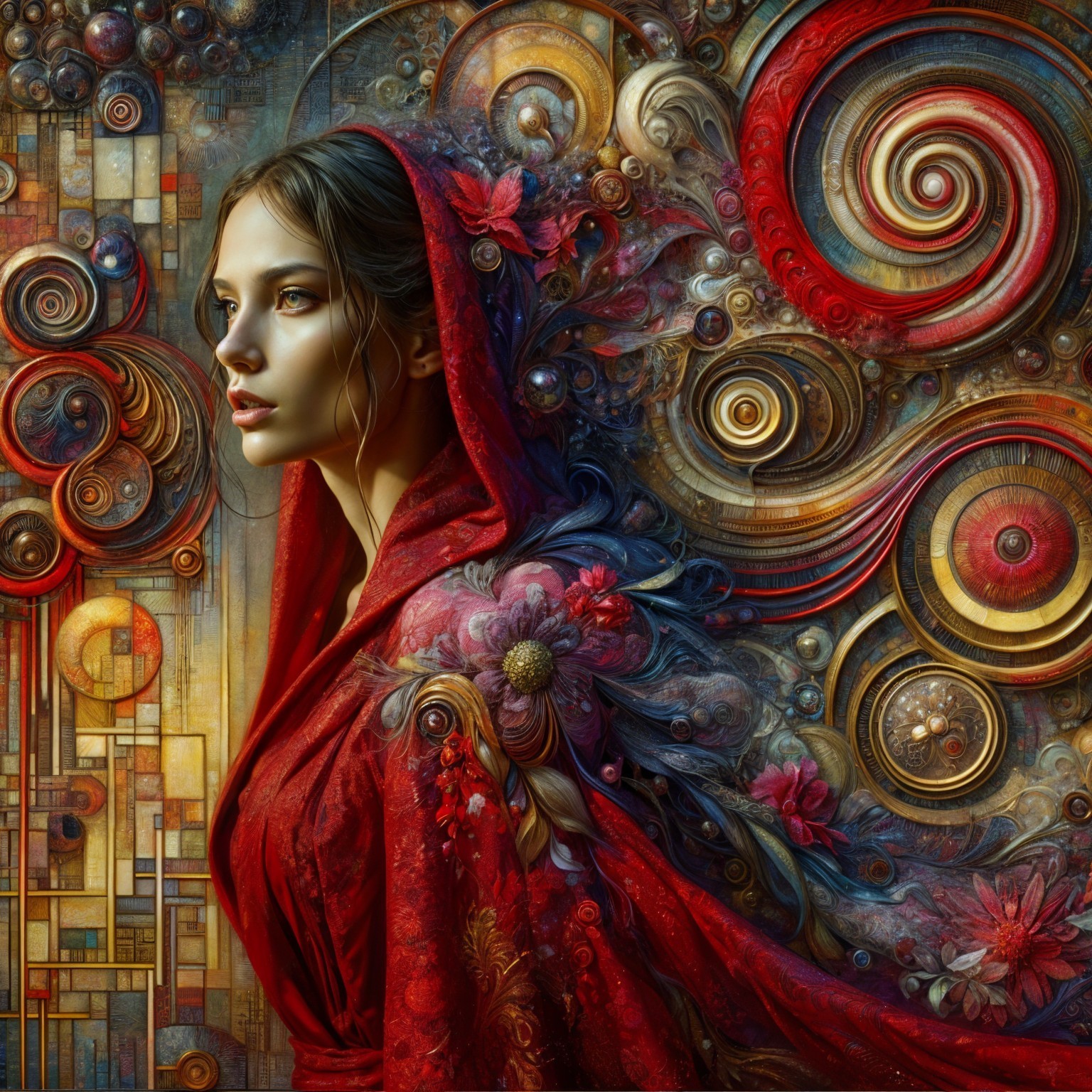 Woman in Red Hood with Vibrant Swirling Background