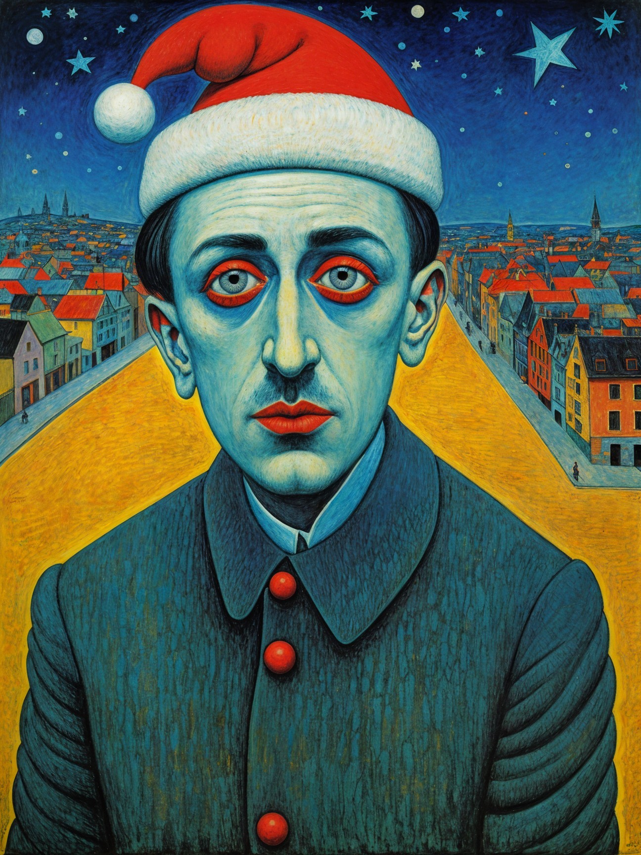 Surreal Painting of Blue-Skinned Figure in Night Scene