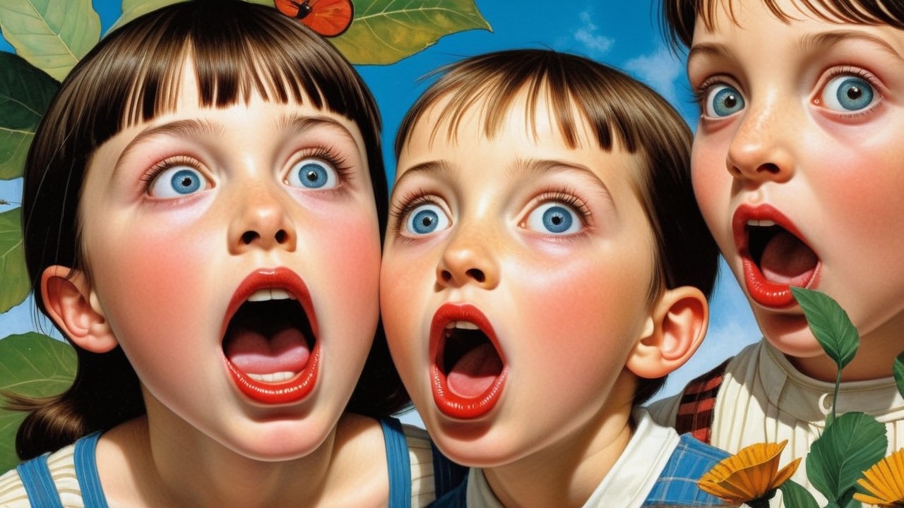 Children Expressing Shock Against Vibrant Nature Backdrop