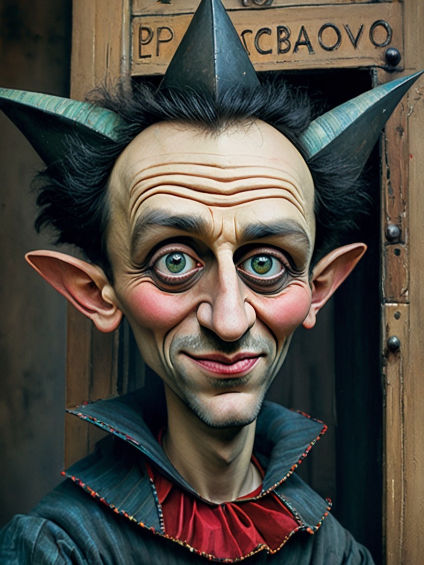 Whimsical Character with Exaggerated Features in Doorway