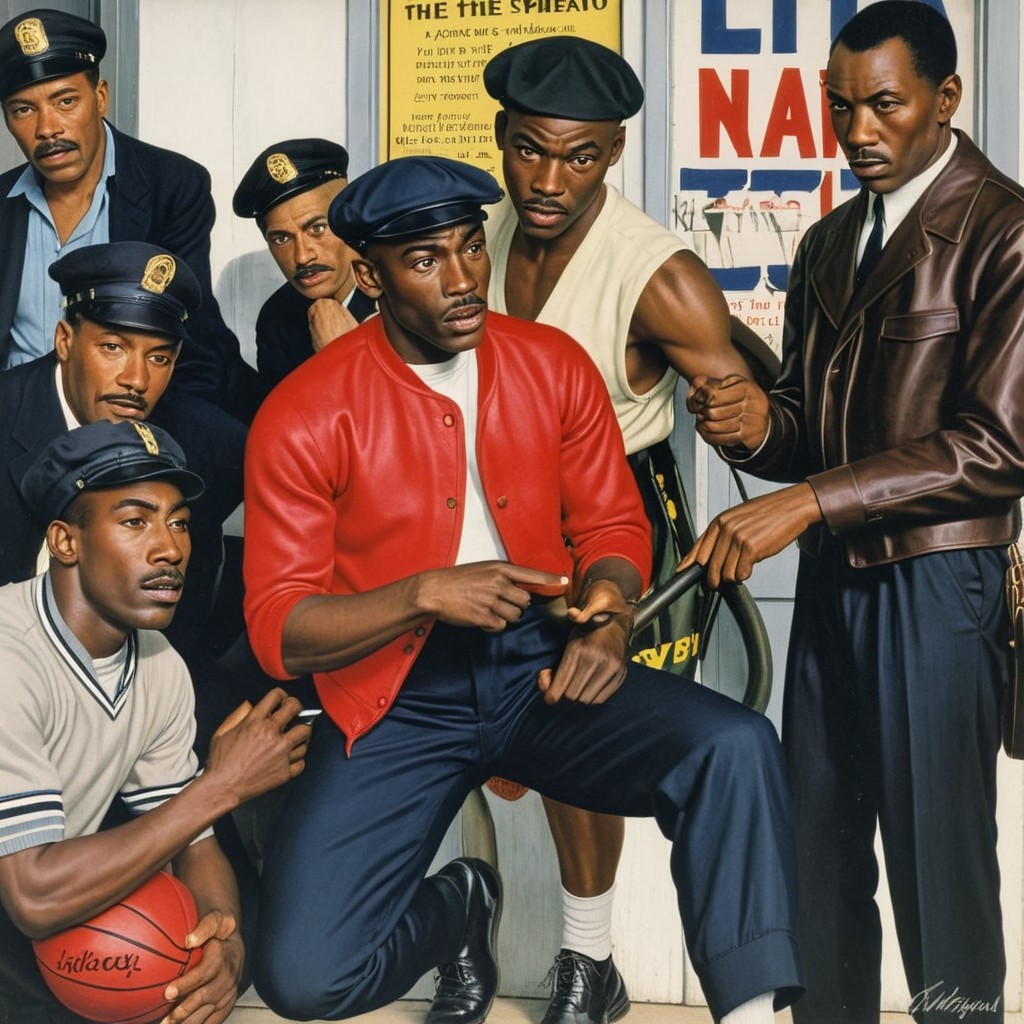 Seven Men in 1970s Attire with Basketball Backdrop