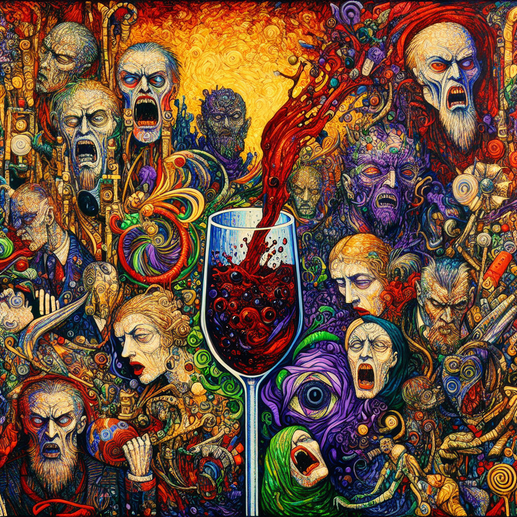 Vibrant Painting of Expressive Faces and Wine Glass