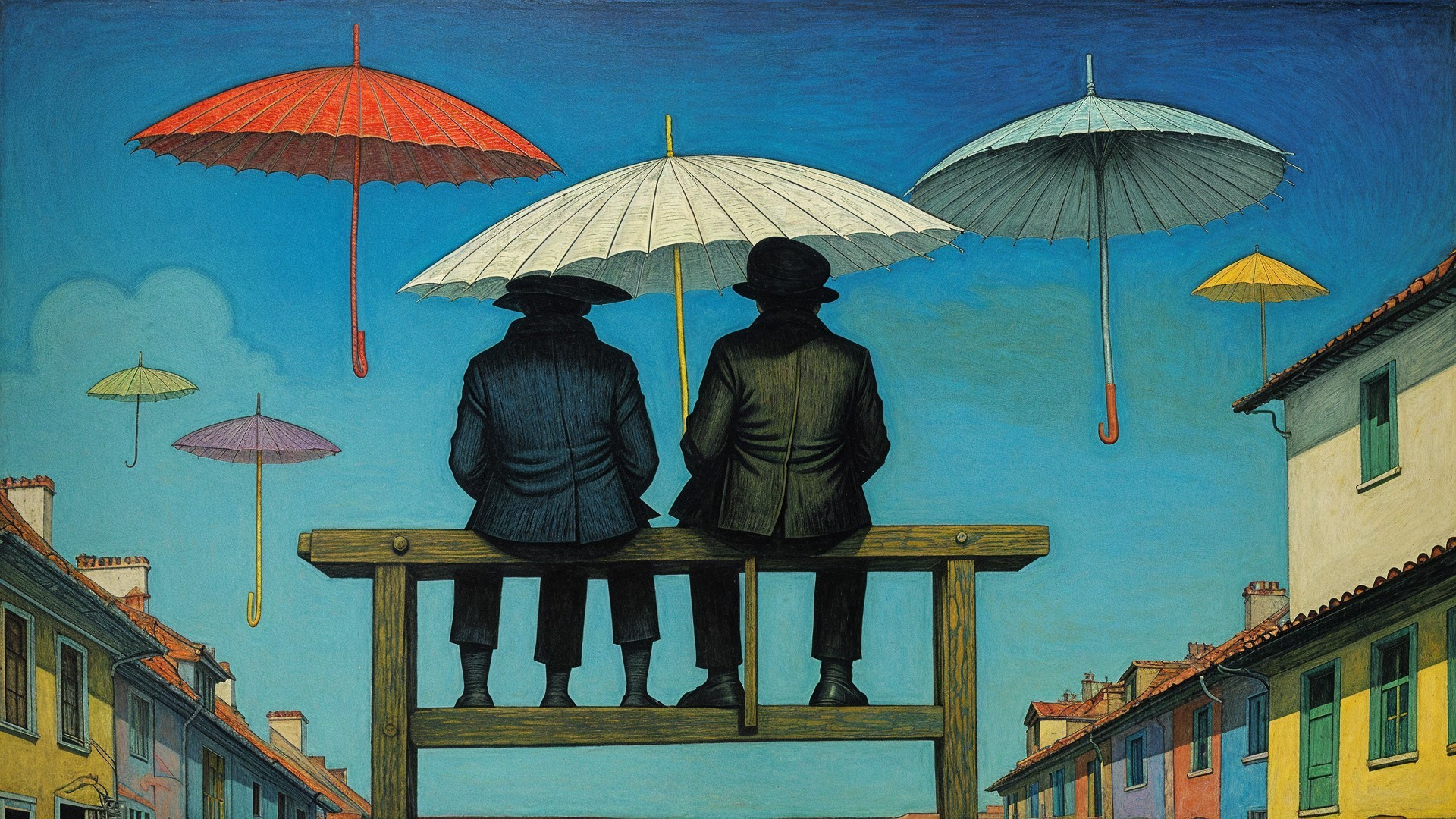 Figures in Suits on Bench Under Colorful Umbrellas