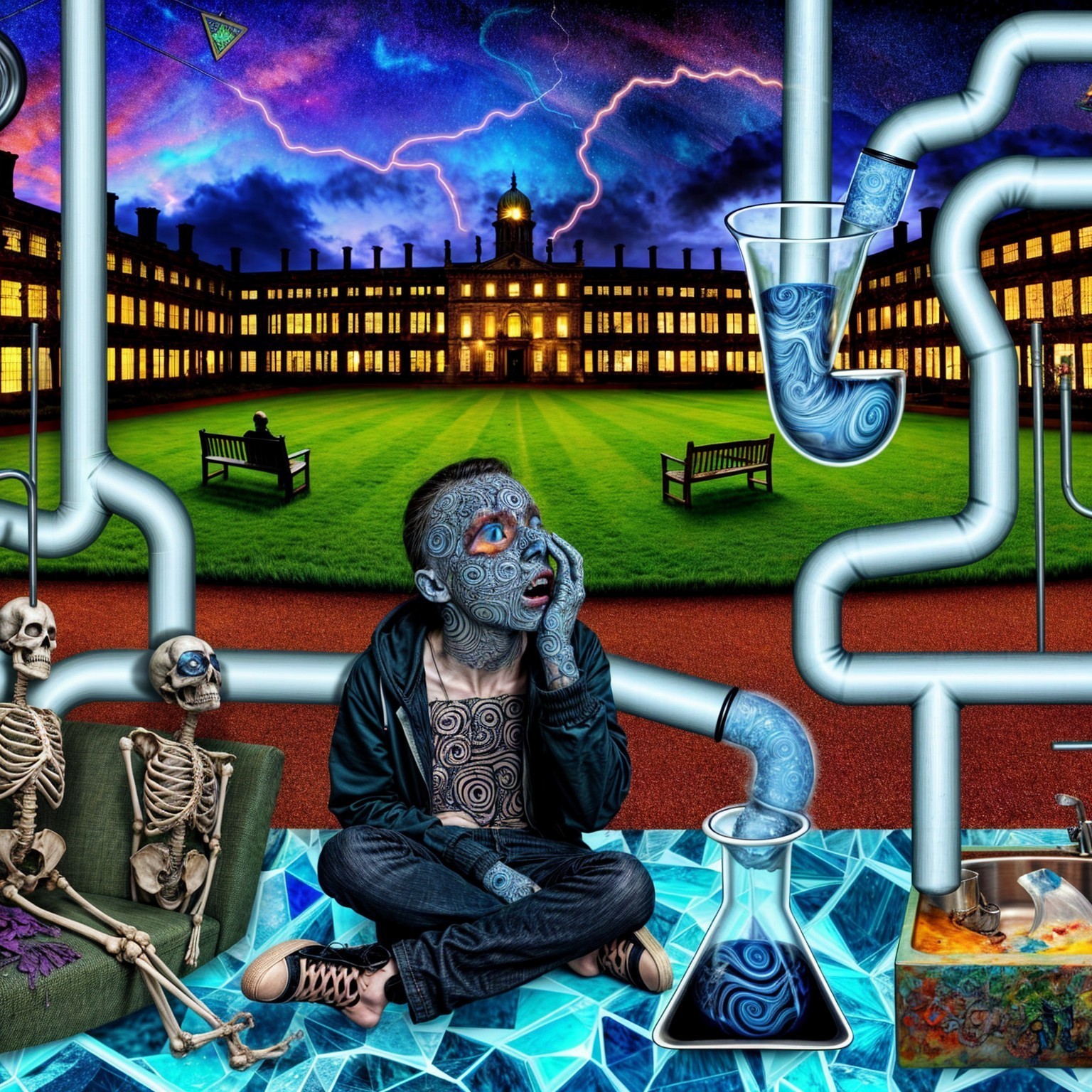 Surreal Scene of a Boy on Mosaic Floor with Skeletons