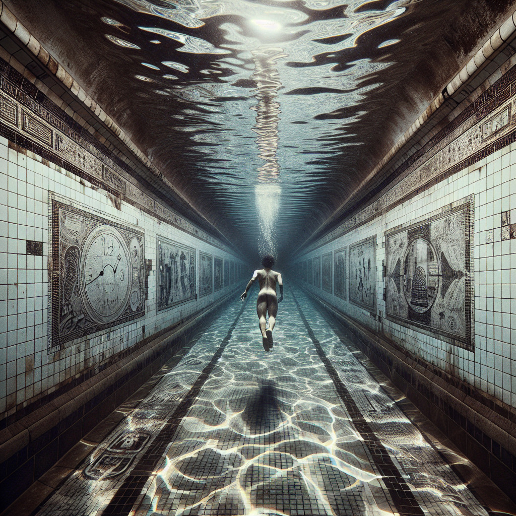 Solitary Figure Swimming in Tiled Underwater Corridor