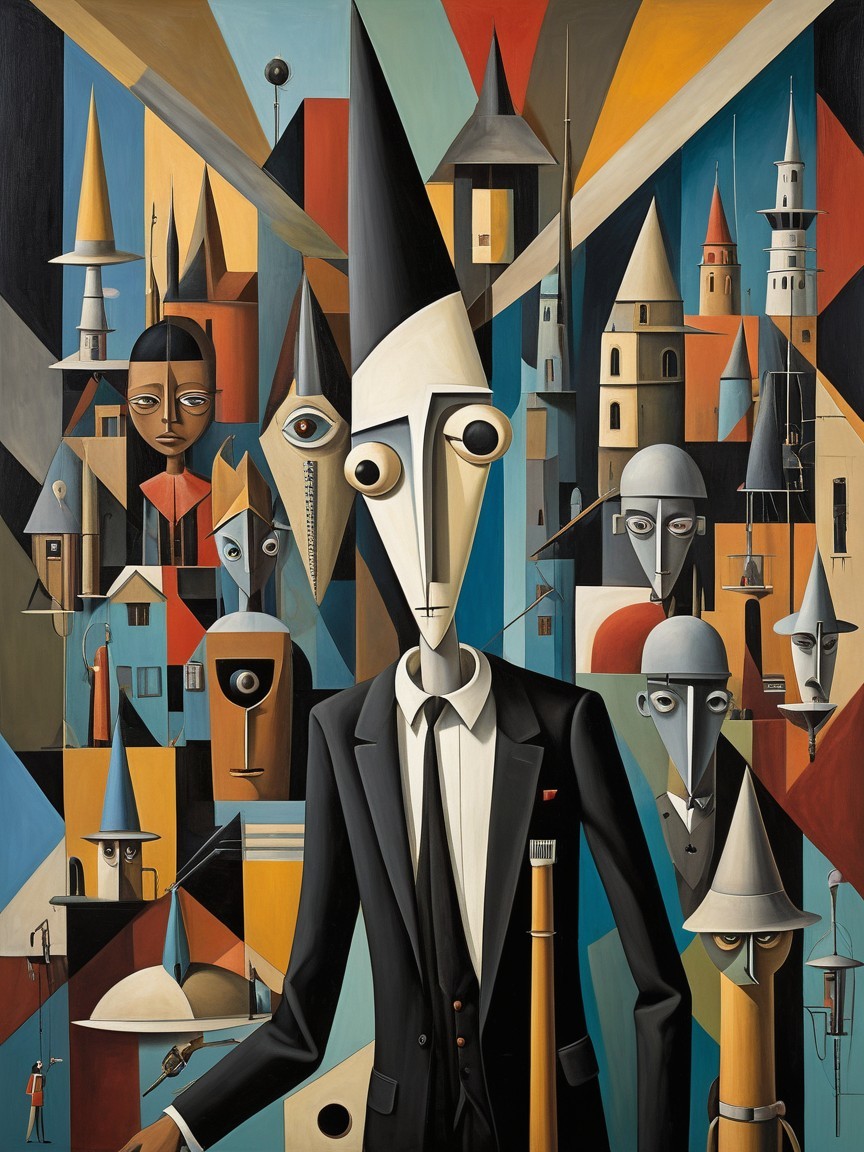 Stylized Figure in Suit with Abstract City Background