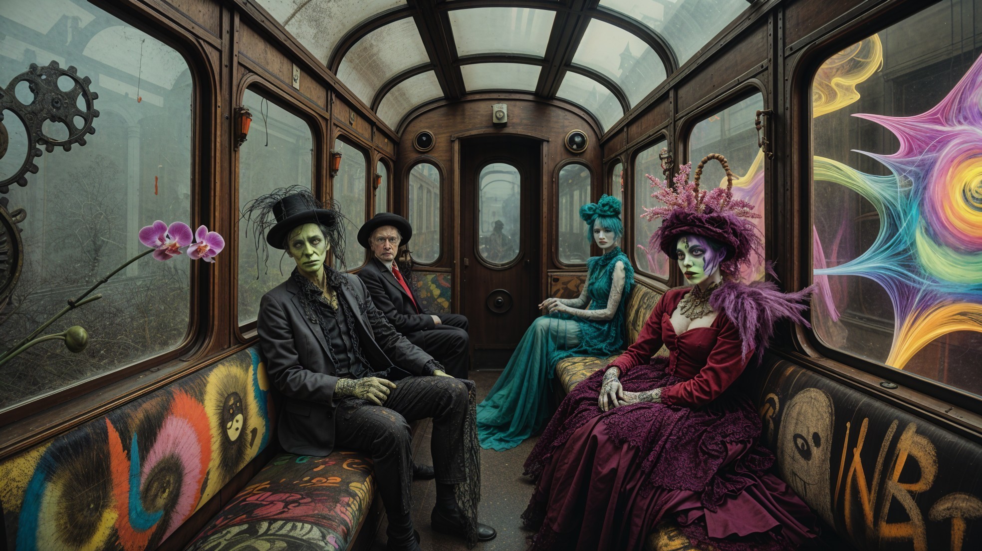 Gothic Elegance in a Vintage Train Carriage Scene