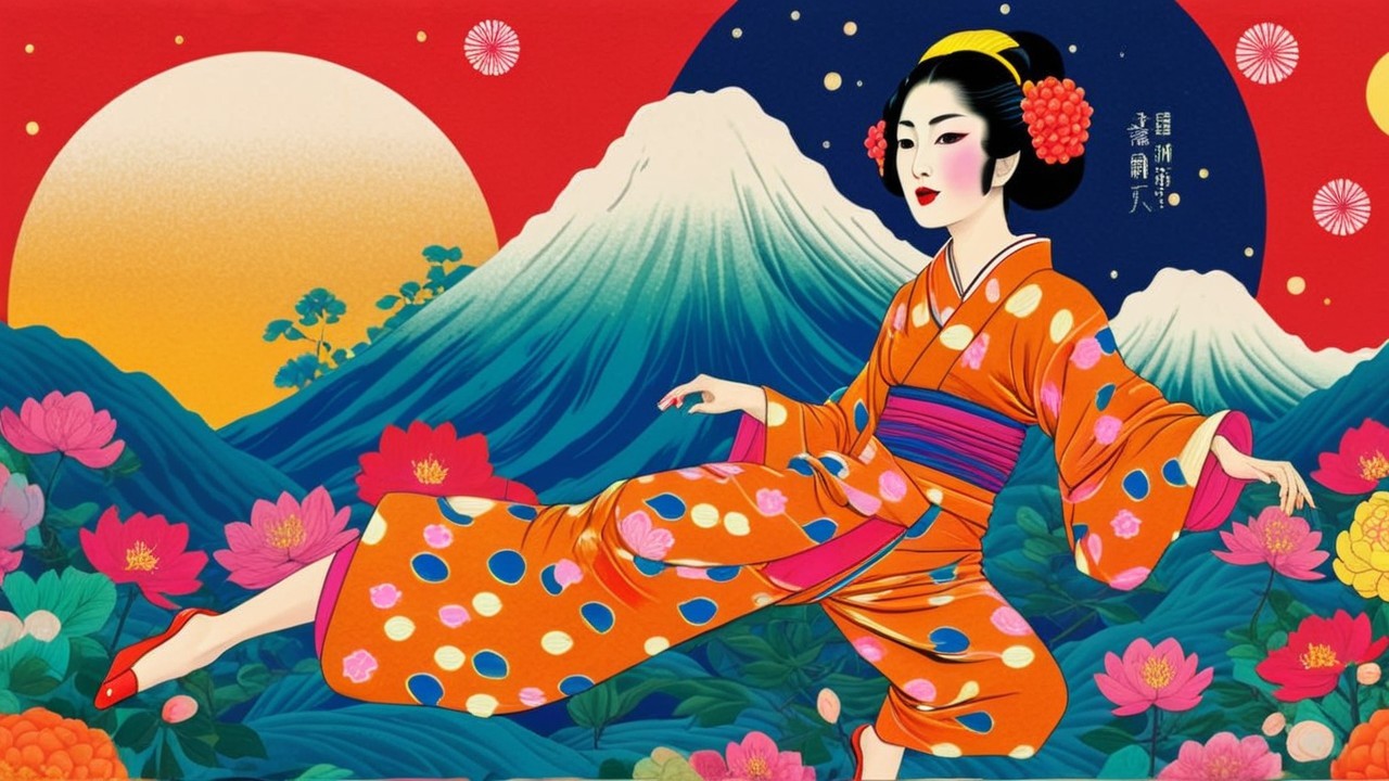 Colorful Kimono Dance Amidst Nature and Mountains